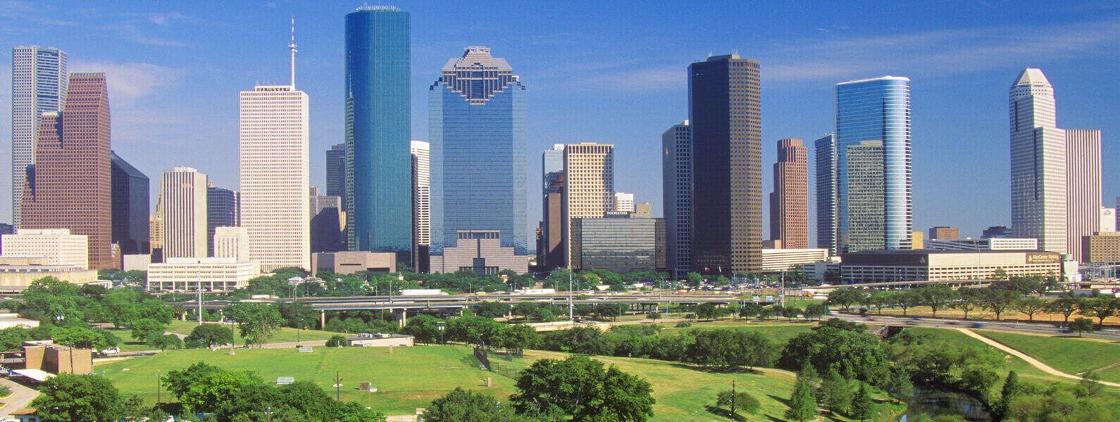 A view of the city skyline from across the street.